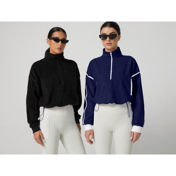 Women's Navy Half Zip Fleece Short Pullover Long Sleeve Cozy Sherpa Sweater - Picture 6 of 6